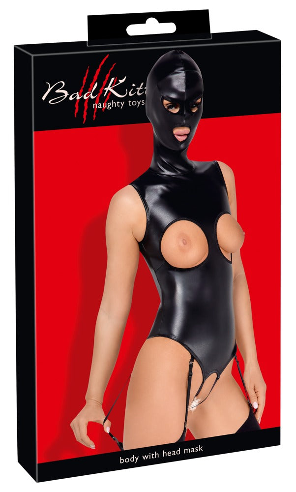 Bad Kitty Straps-Body ouvert mit Kopfmaske aus Lederimitat