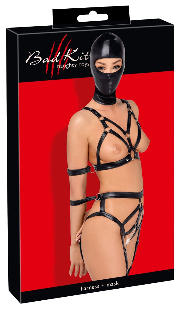 Bad Kitty Riemen-Set mit Armfesseln und Kopfmaske aus Lederimitat