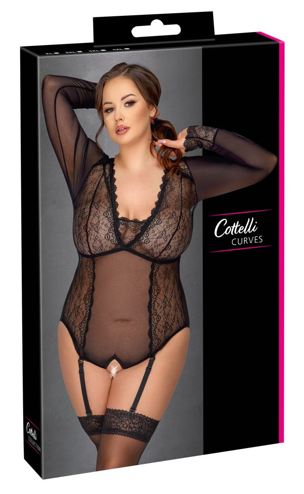 Cottelli transparenter Langarm-Body aus Powernet und Spitze, ouvert