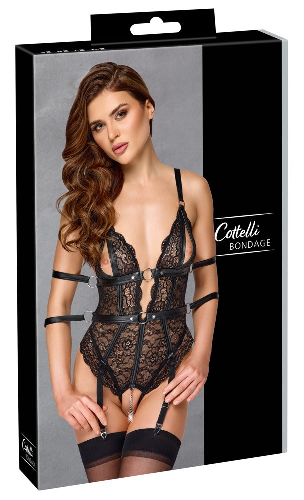 Cottelli Bondage-Body mit Strapsen und 4 Armfesseln