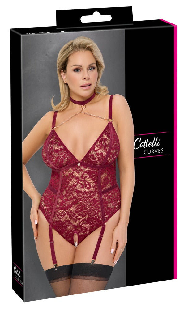 Cottelli Straps-Body aus Spitze mit Halsband, ouvert, Rot
