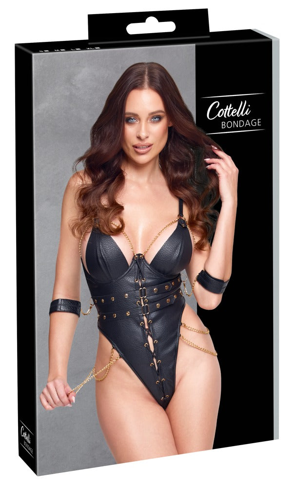 Cottelli Bondage-Body aus Lederimitat mit Soft-Armfesseln