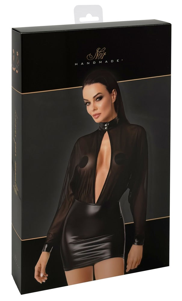 NOIR Wetlook-Langarmkleid mit Tüll-Oberteil