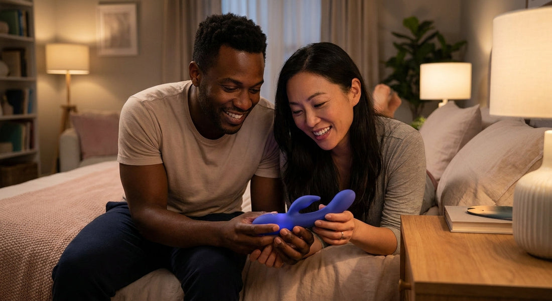 Ein Paar entdeckt gemeinsam ein fortschrittliches Paarvibrator-Modell, ein innovatives Spielzeug für Paare, das Intimität fördert.