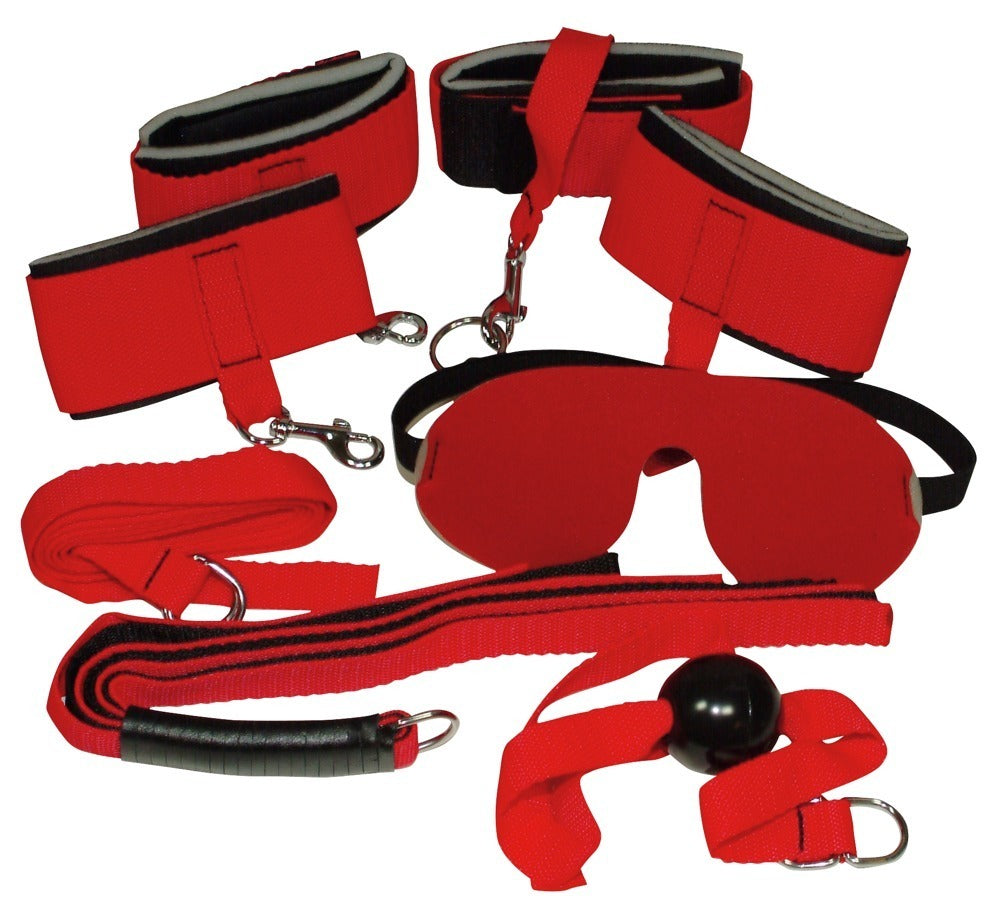 Bad Kitty Bondage-Set 8-teilig in Rot mit Fesseln, Maske, Knebel und Peitsche
