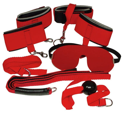 Bad Kitty Bondage-Set 8-teilig in Rot mit Fesseln, Maske, Knebel und Peitsche