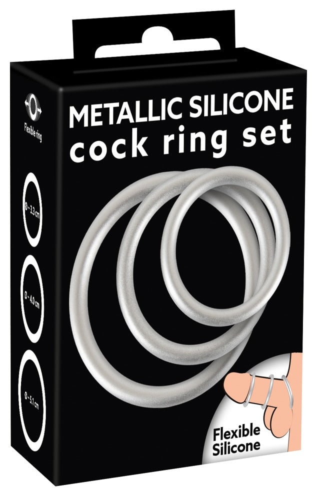 You2Toys Penis-/Hodenring-Set 3-teilig in Metall-Optik aus Silikon