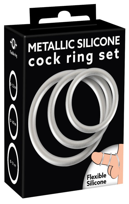 You2Toys Penis-/Hodenring-Set 3-teilig in Metall-Optik aus Silikon