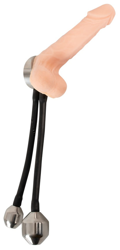 You2Toys Metall-Penisring mit 2 Plug-Gewichten an Silikonbändern