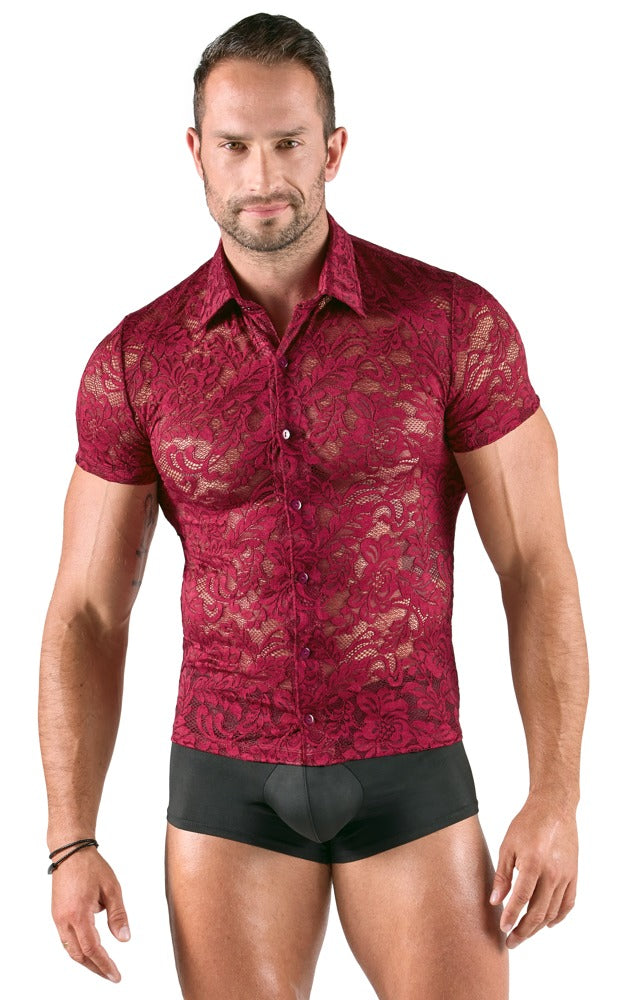 SVENJOYMENT Herren-Hemd aus floraler Spitze, Dunkelrot