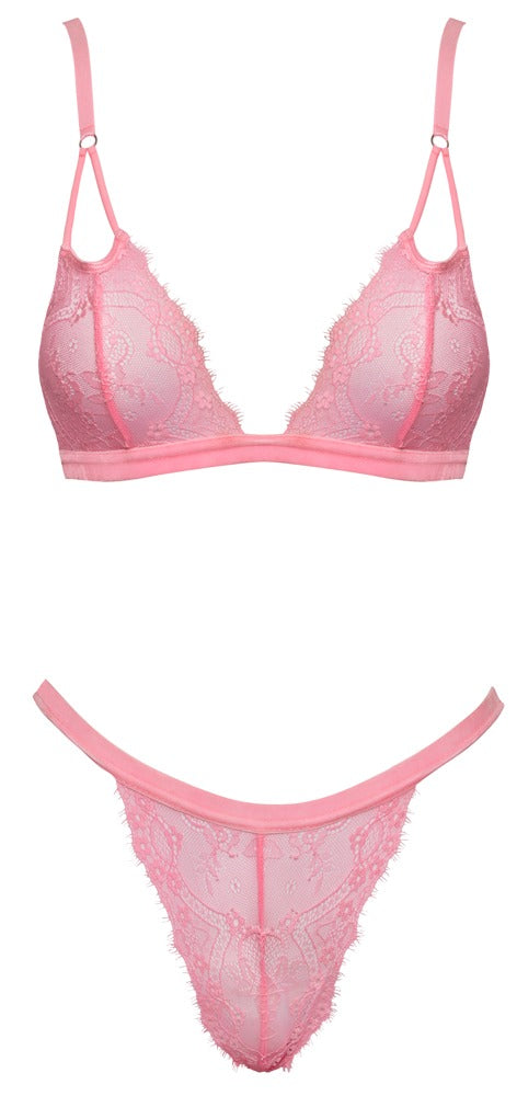 Fantasy BH-Set aus Wimpern-Blütenspitze, Neonpink