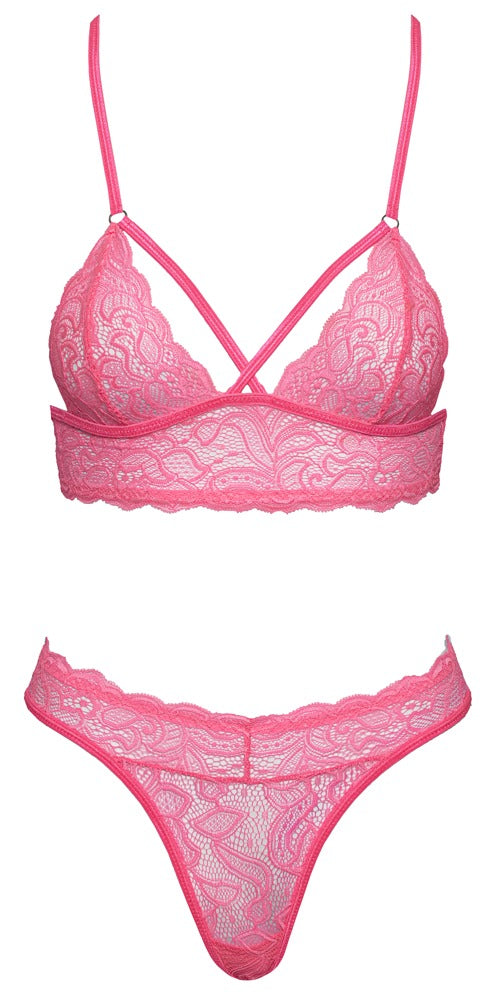 Fantasy Neckholder-BH-Set aus Spitze, Neonpink