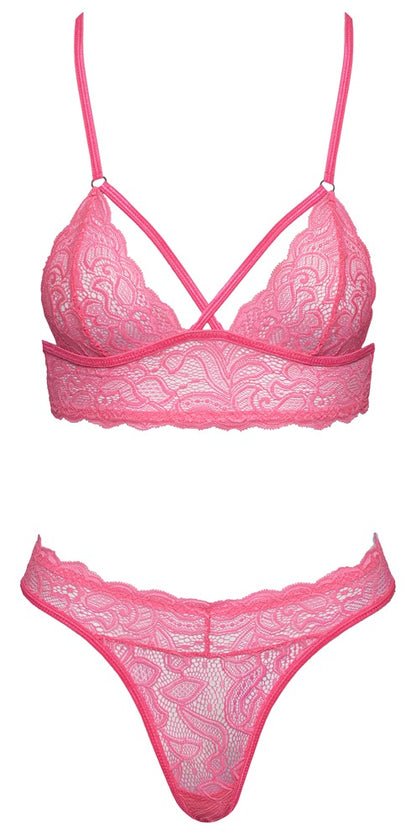 Fantasy Neckholder-BH-Set aus Spitze, Neonpink