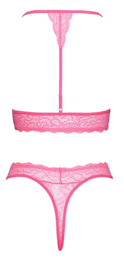 Fantasy Neckholder-BH-Set aus Spitze, Neonpink