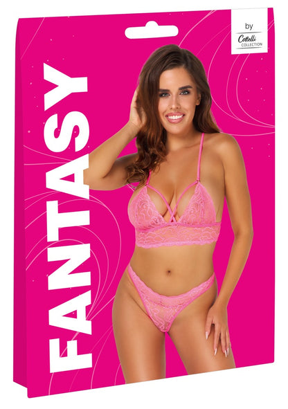 Fantasy Neckholder-BH-Set aus Spitze, Neonpink