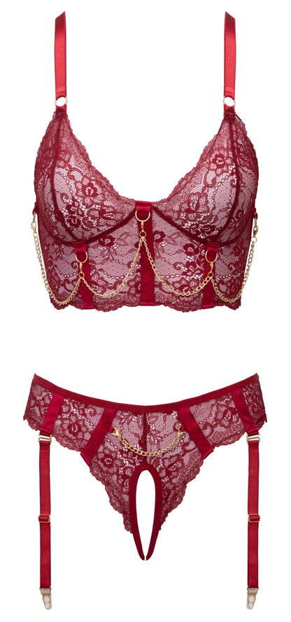 Cottelli LINGERIE Longline-BH-Set mit Schmuckketten, dunkelrot