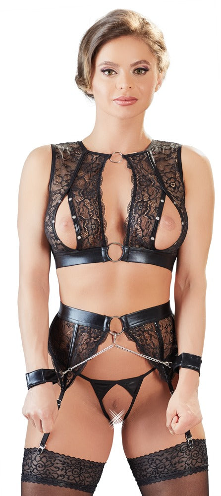 Cottelli Bondage-Top-Set aus Wetlook und Spitze mit Handfesseln