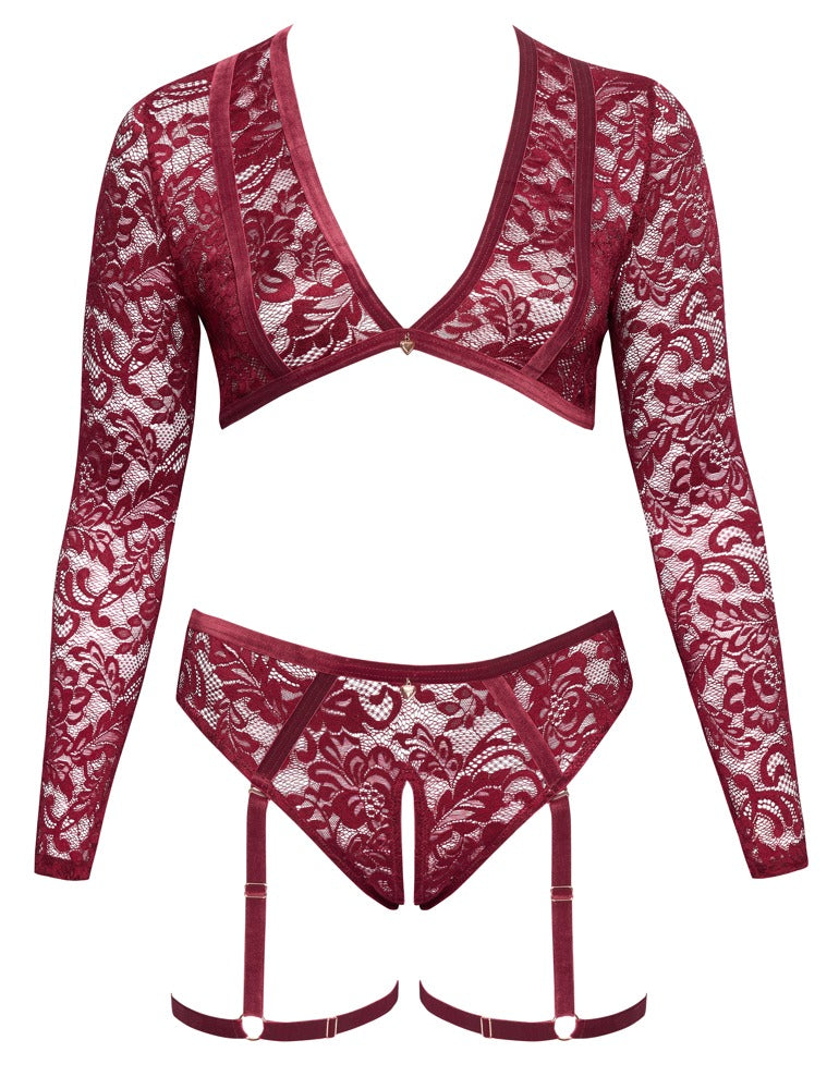 Cottelli Langarm-Top und Straps-Slip aus Spitze mit Herz-Anhängern, Rot