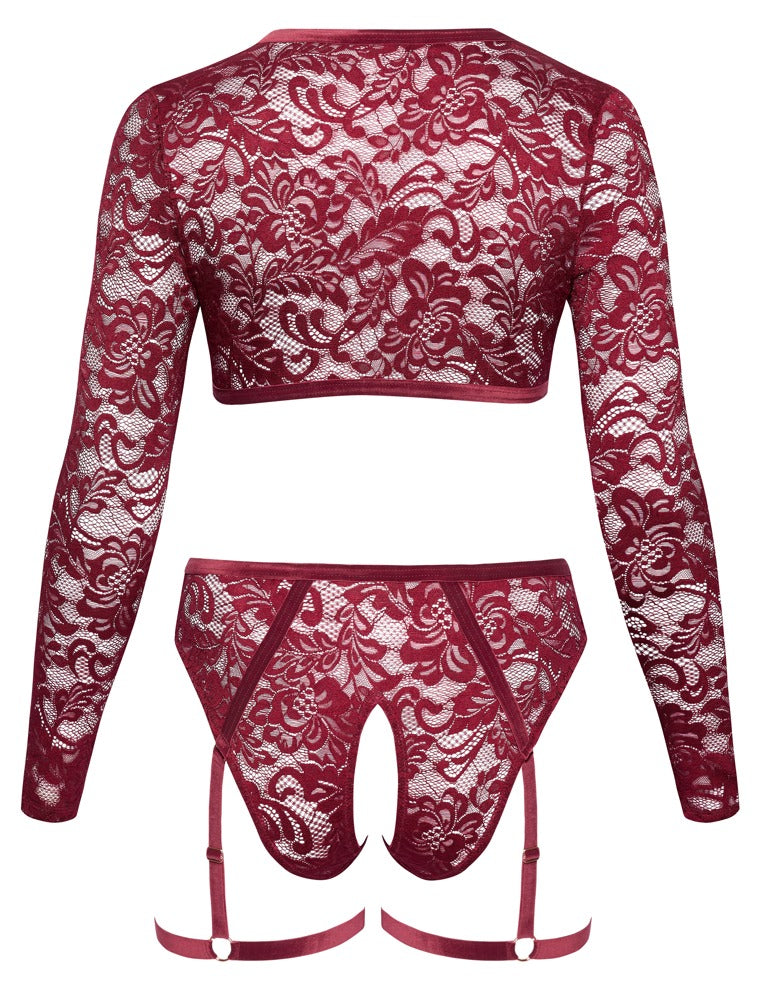 Cottelli Langarm-Top und Straps-Slip aus Spitze mit Herz-Anhängern, Rot