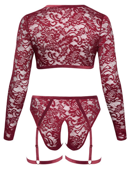 Cottelli Langarm-Top und Straps-Slip aus Spitze mit Herz-Anhängern, Rot