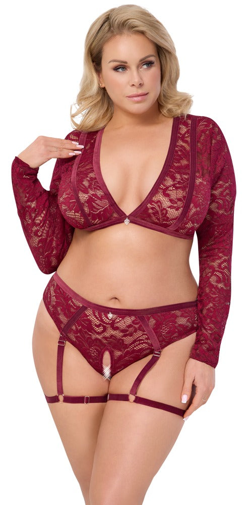 Cottelli Langarm-Top und Straps-Slip aus Spitze mit Herz-Anhängern, Rot