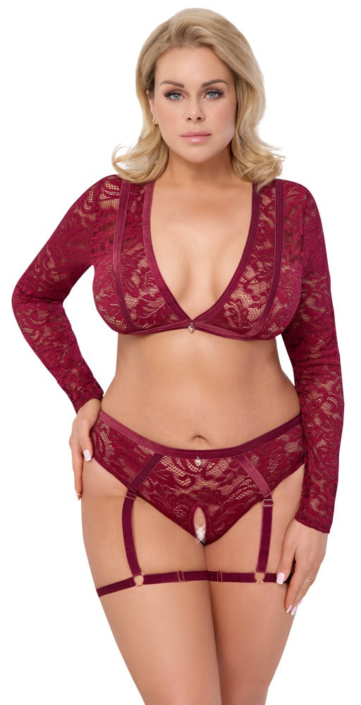 Cottelli Langarm-Top und Straps-Slip aus Spitze mit Herz-Anhängern, Rot