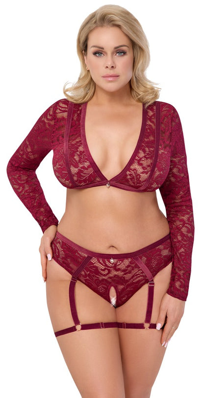 Cottelli Langarm-Top und Straps-Slip aus Spitze mit Herz-Anhängern, Rot