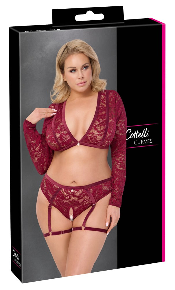 Cottelli Langarm-Top und Straps-Slip aus Spitze mit Herz-Anhängern, Rot