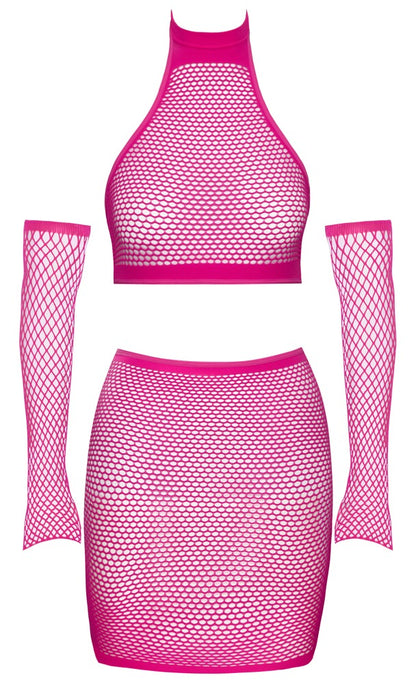 Fantasy 3-teiliges Netz-Set mit Minirock und Armstulpen, Pink