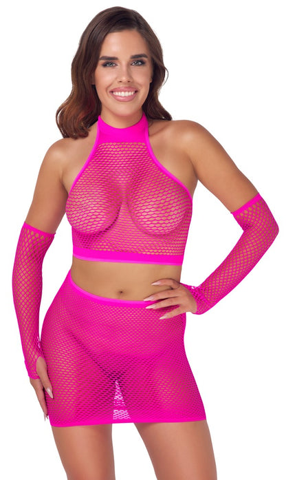 Fantasy 3-teiliges Netz-Set mit Minirock und Armstulpen, Pink