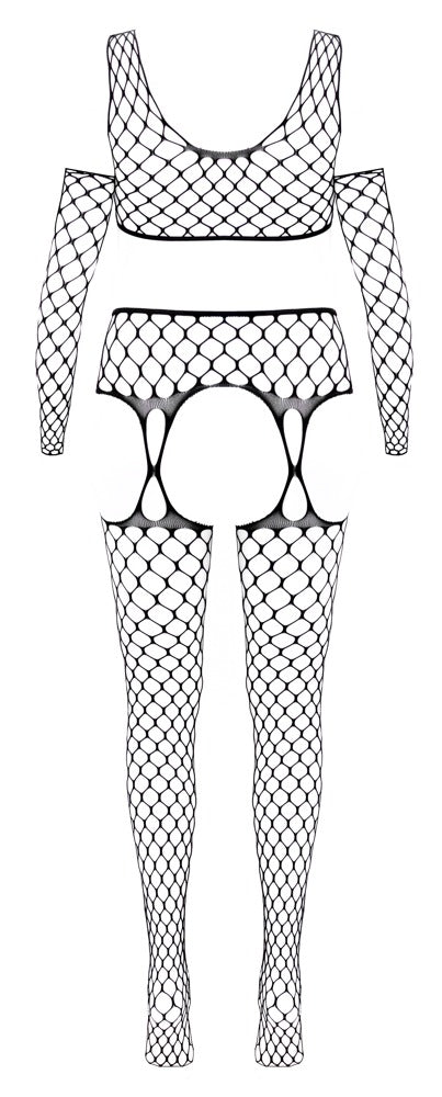 Fantasy 3-teiliges Netz-Set mit Straps-Strumpfhose und Armstulpen