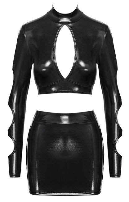 Cottelli PARTY Wetlook-Set – Crop-Top & Minirock, schwarz
