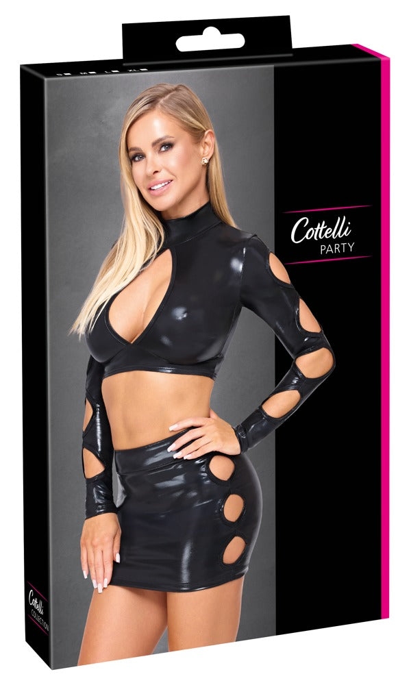 Cottelli PARTY Wetlook-Set – Crop-Top & Minirock, schwarz
