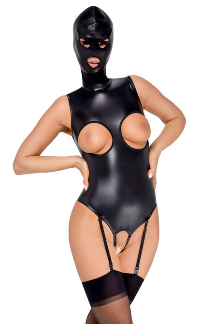 Bad Kitty Straps-Body ouvert mit Kopfmaske aus Lederimitat
