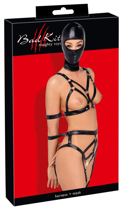 Bad Kitty Riemen-Set mit Armfesseln und Kopfmaske aus Lederimitat
