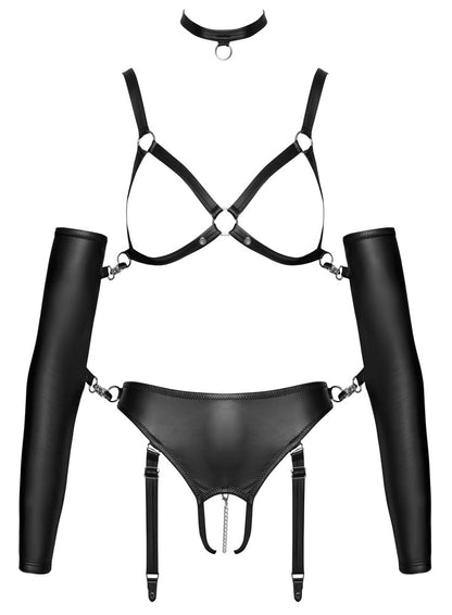 Bad Kitty Ouvert-Set mit Riemen-BH, Straps-Slip, Halsband und Fessel-Armstulpen