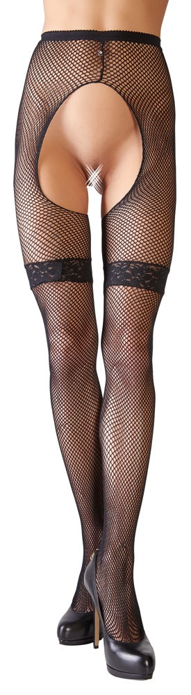 Cottelli Netzstrumpfhose mit Strumpfband aus Spitze, ouvert