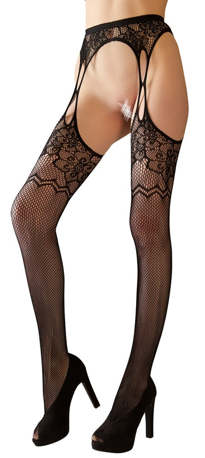 Cottelli Strapsstrumpfhose mit floralem Muster, ouvert
