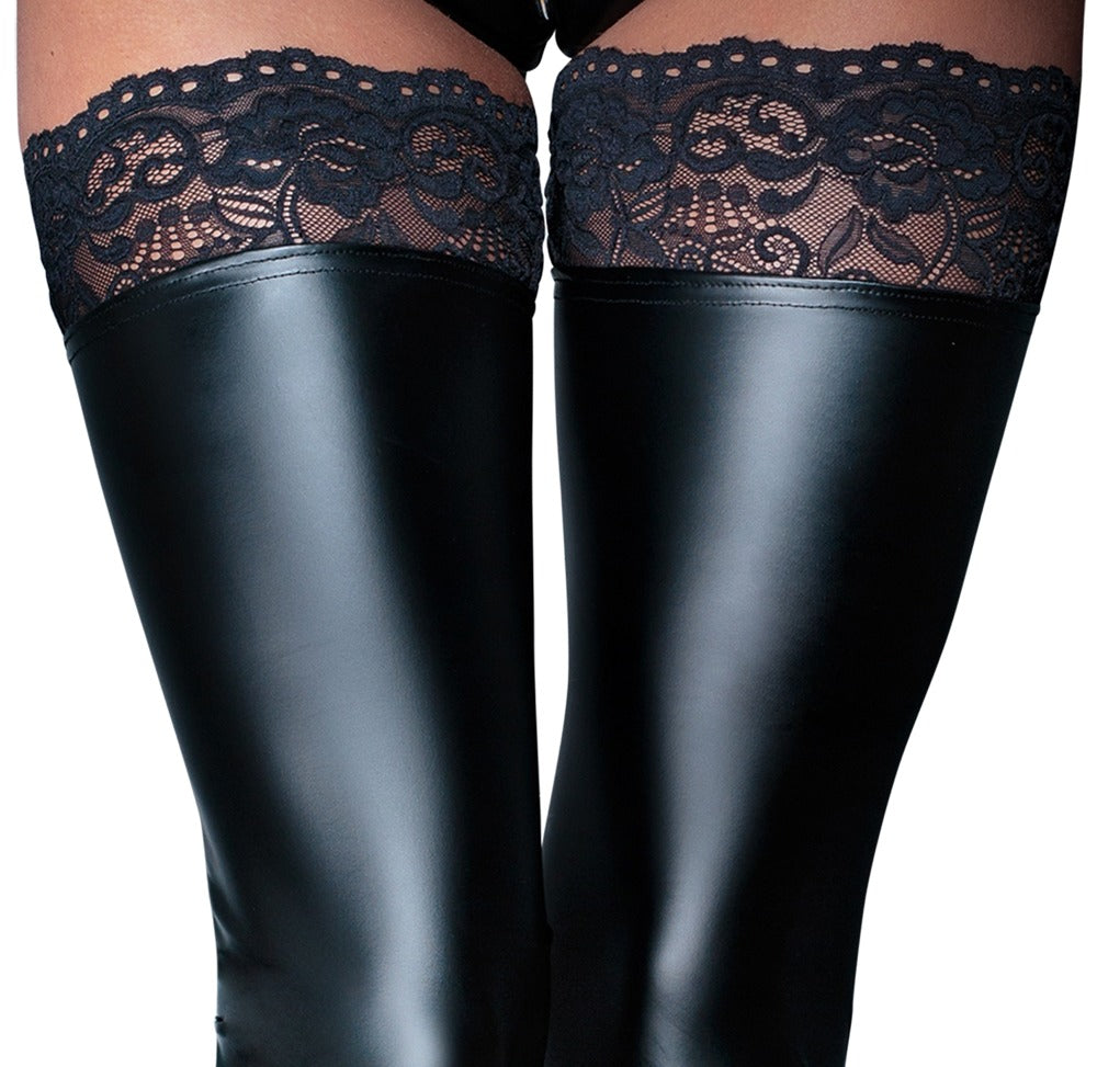 NOIR Wetlook-Overknees mit Spitzenabschluss