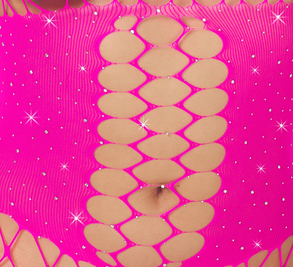 Fantasy Langarm-Catsuit aus Netz mit Strass, Pink, ouvert