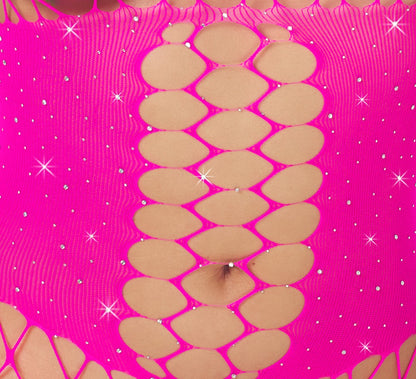 Fantasy Langarm-Catsuit aus Netz mit Strass, Pink, ouvert