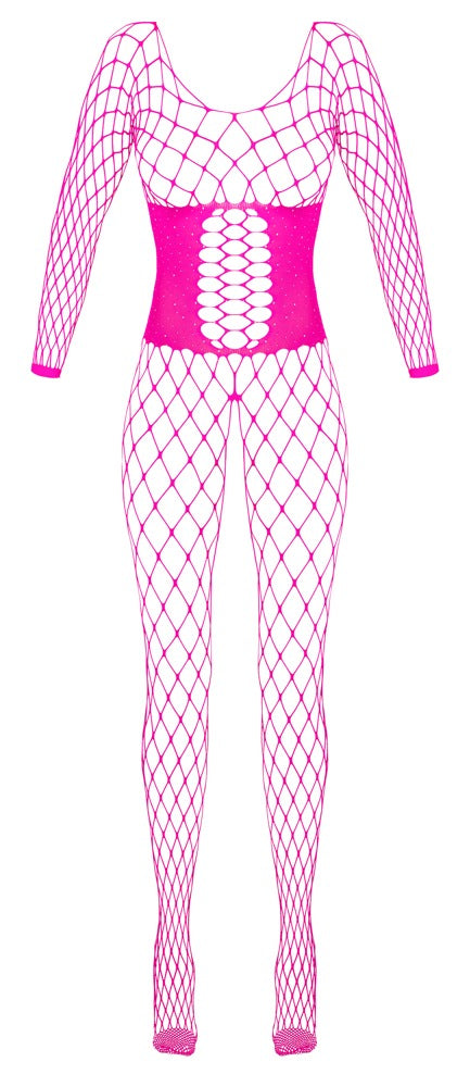 Fantasy Langarm-Catsuit aus Netz mit Strass, Pink, ouvert