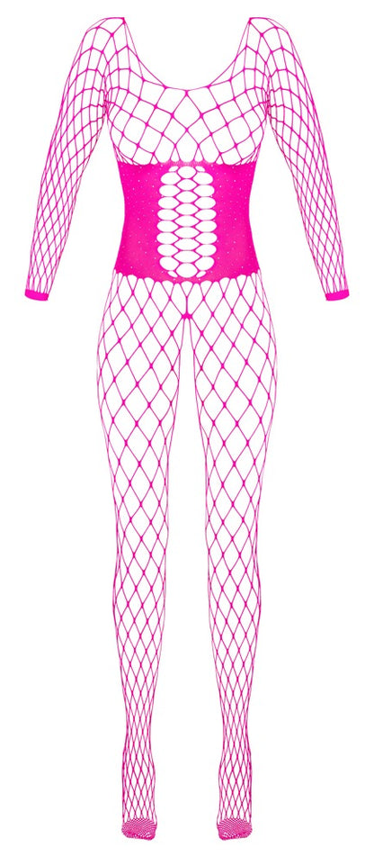 Fantasy Langarm-Catsuit aus Netz mit Strass, Pink, ouvert