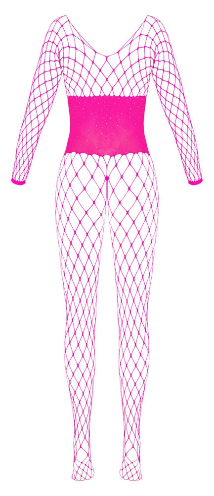 Fantasy Langarm-Catsuit aus Netz mit Strass, Pink, ouvert