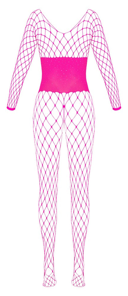 Fantasy Langarm-Catsuit aus Netz mit Strass, Pink, ouvert