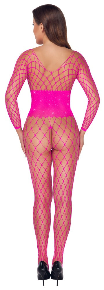 Fantasy Langarm-Catsuit aus Netz mit Strass, Pink, ouvert