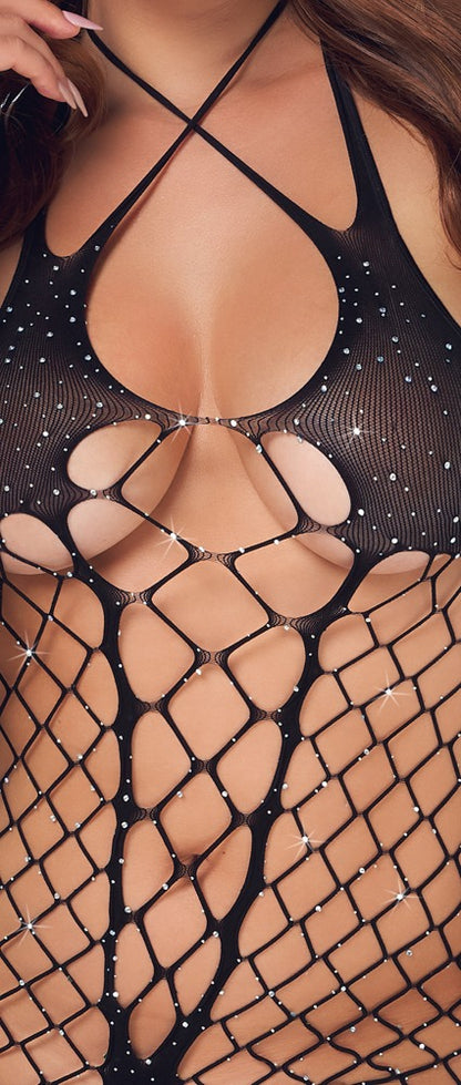 Fantasy Netz-Jumpsuit mit Strass und Neckholder, ouvert