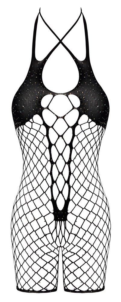 Fantasy Netz-Jumpsuit mit Strass und Neckholder, ouvert