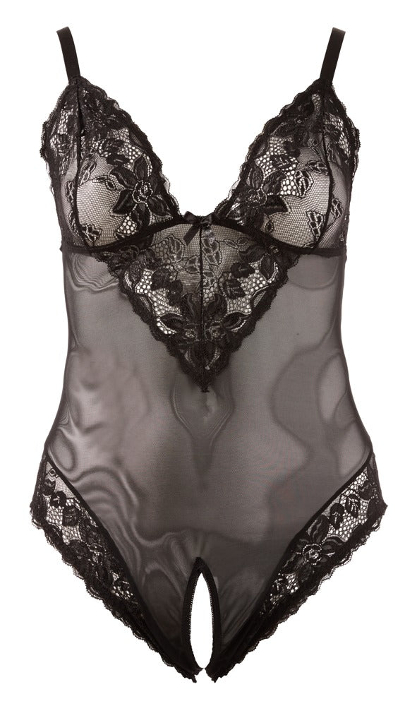 Cottelli Body aus Powernet und Blütenspitze, ouvert
