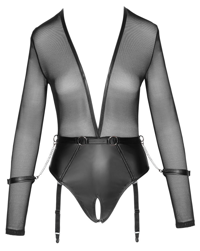 Cottelli Langarm-Bondage-Body mit abnehmbaren Strapsen und Handfesseln